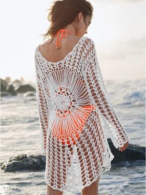 VENUS White Crochet Openwork Beach Cover-Up Tunic
